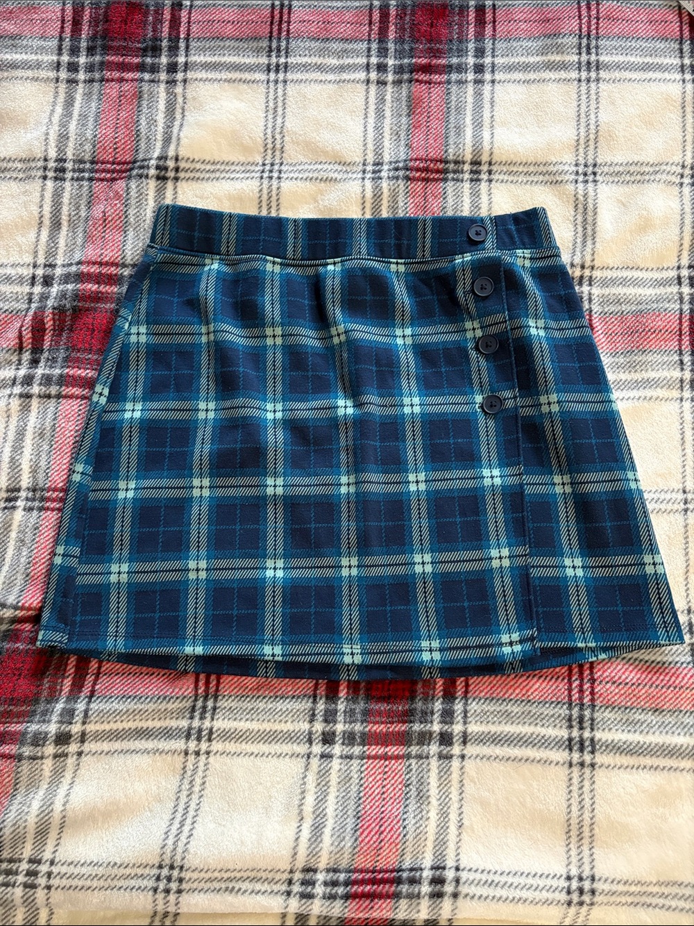 SO Teal and Navy Plaid Button-Accent Mini Skirt